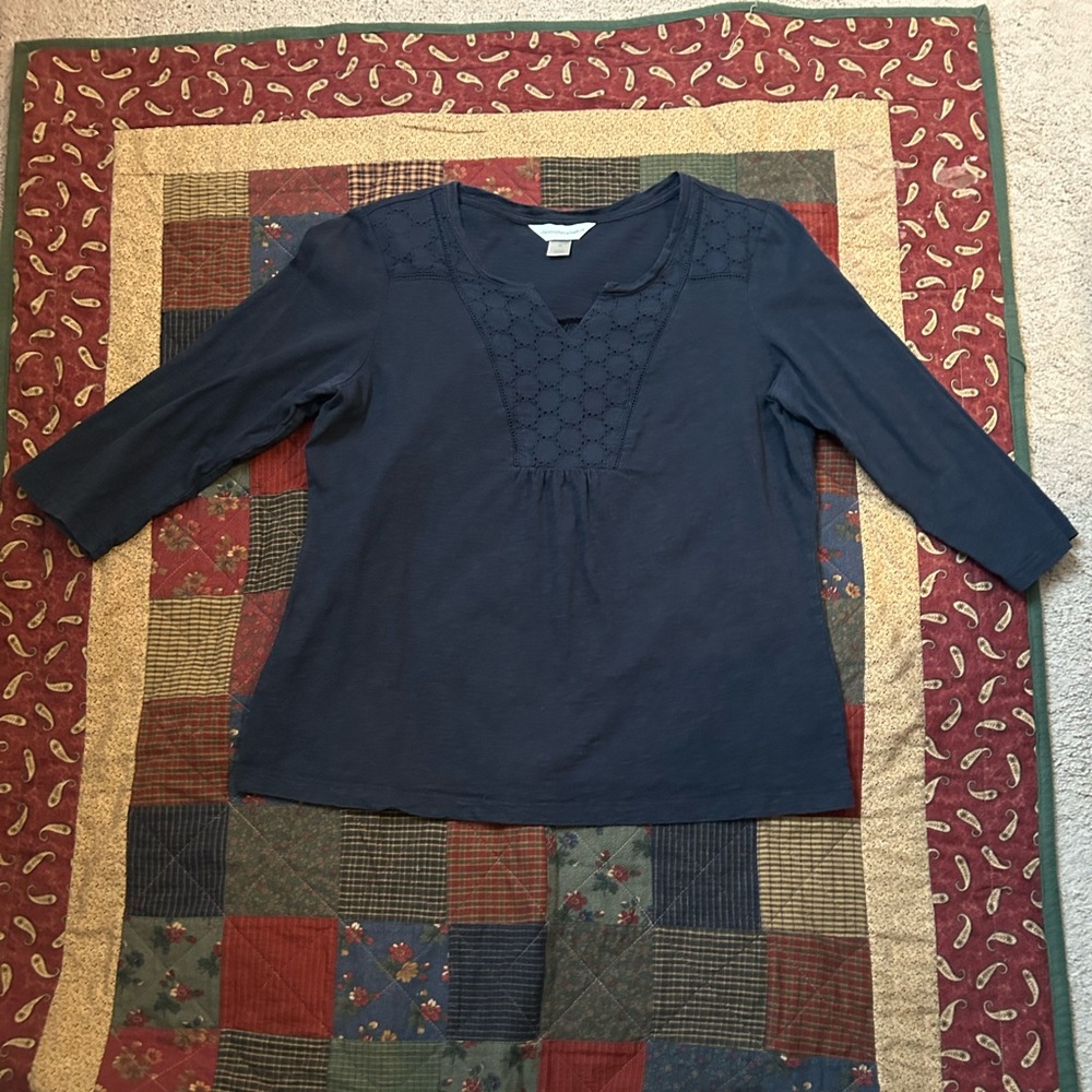 Christopher & Banks Eyelet Detail Navy Blue 3/4 Sleeve Top - Ladies Size Medium